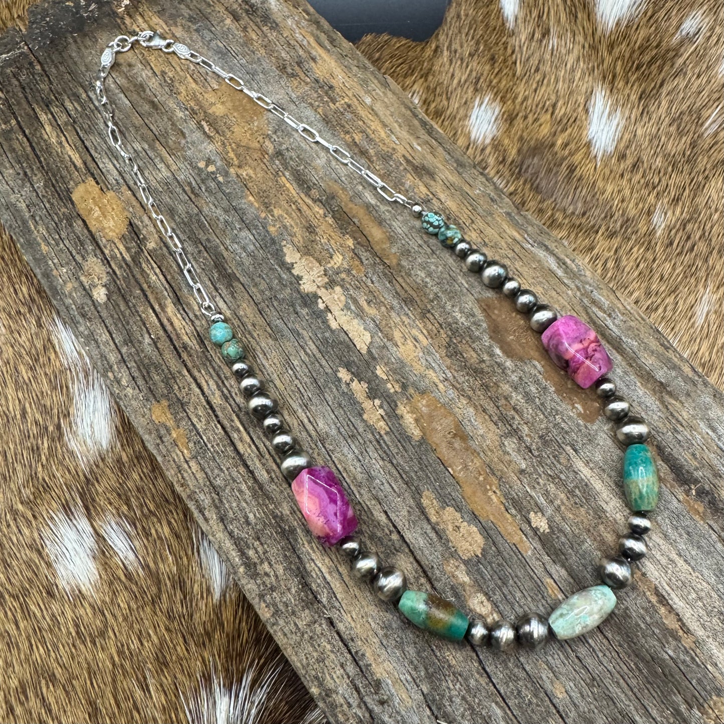 Navajo pearl, turquoise, and pink agate necklace