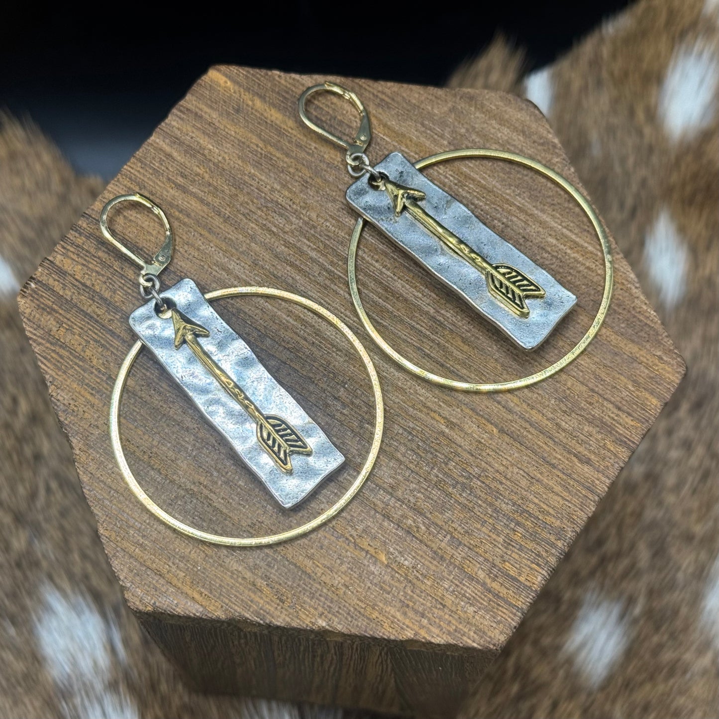 Arrow earrings - silver and gold with gold hoops