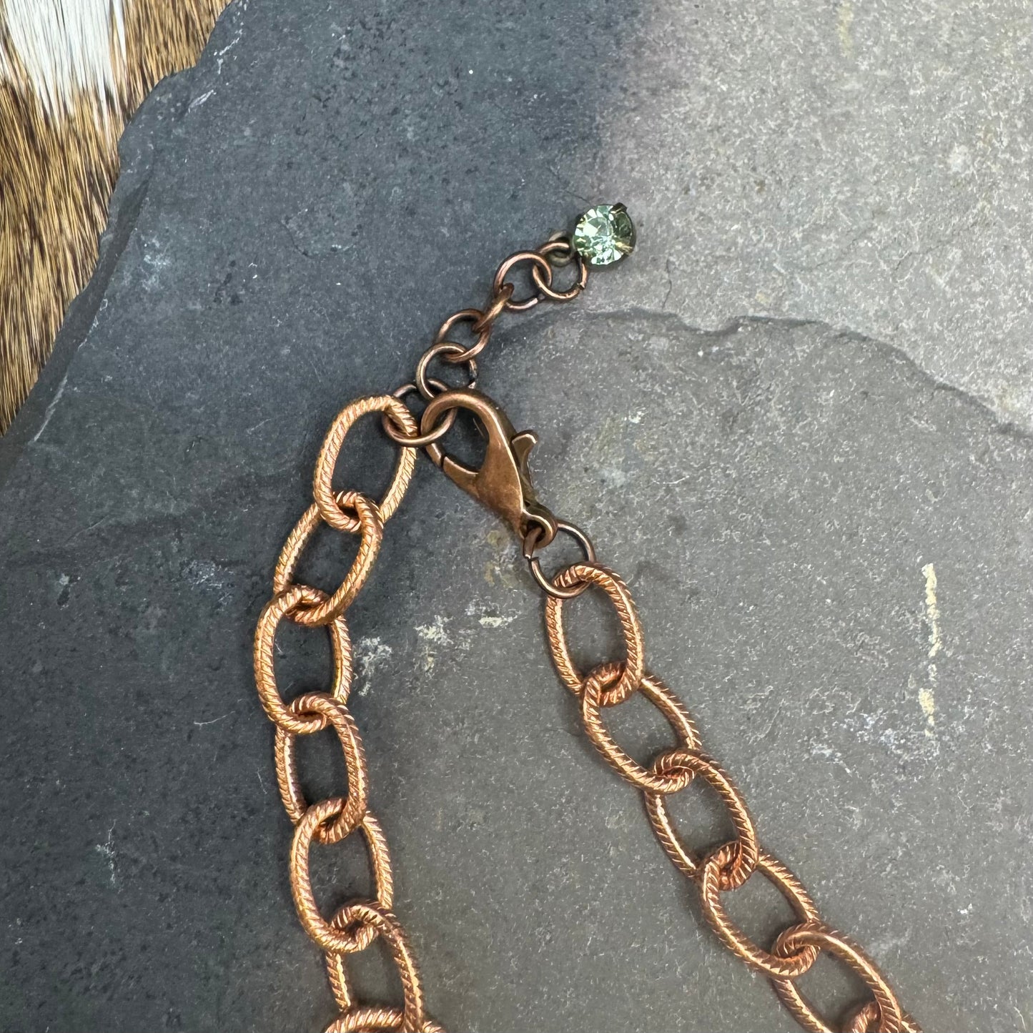 Frosted Violets copper necklace with peridot