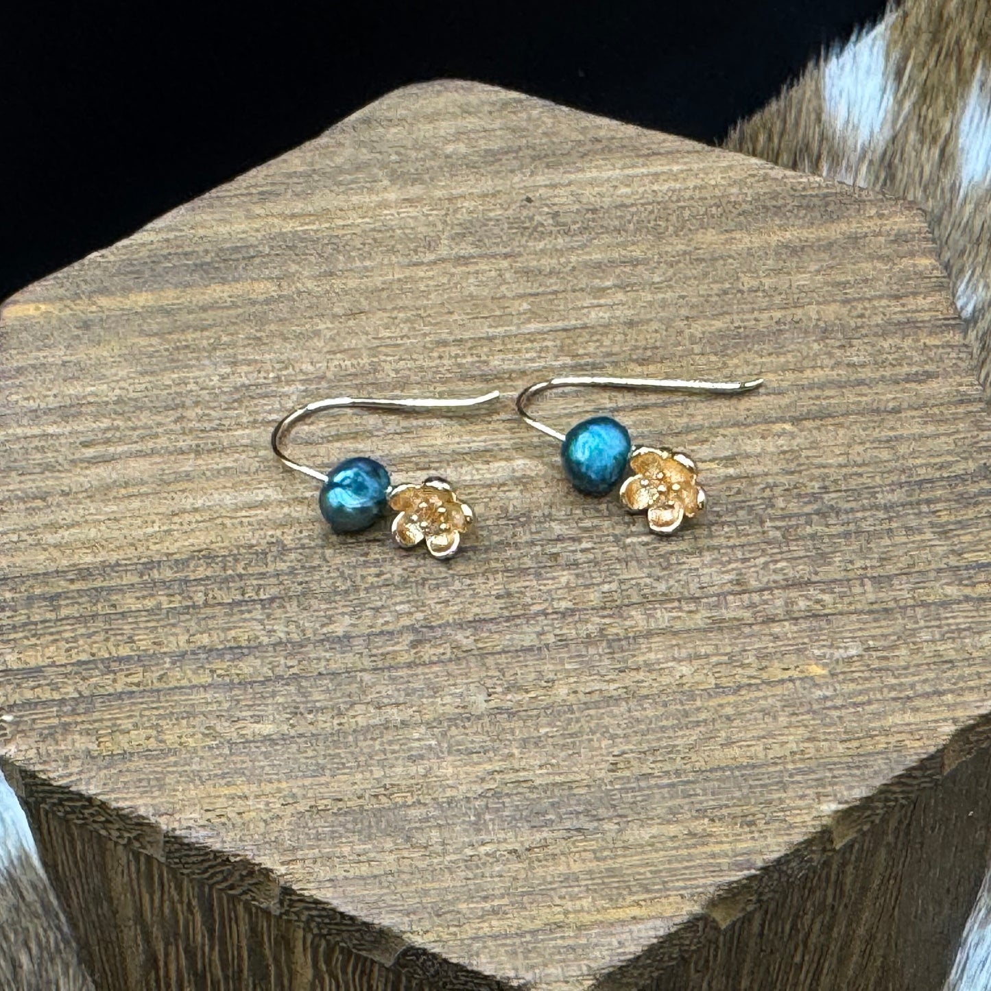 Gold blossom teal pearl earrings
