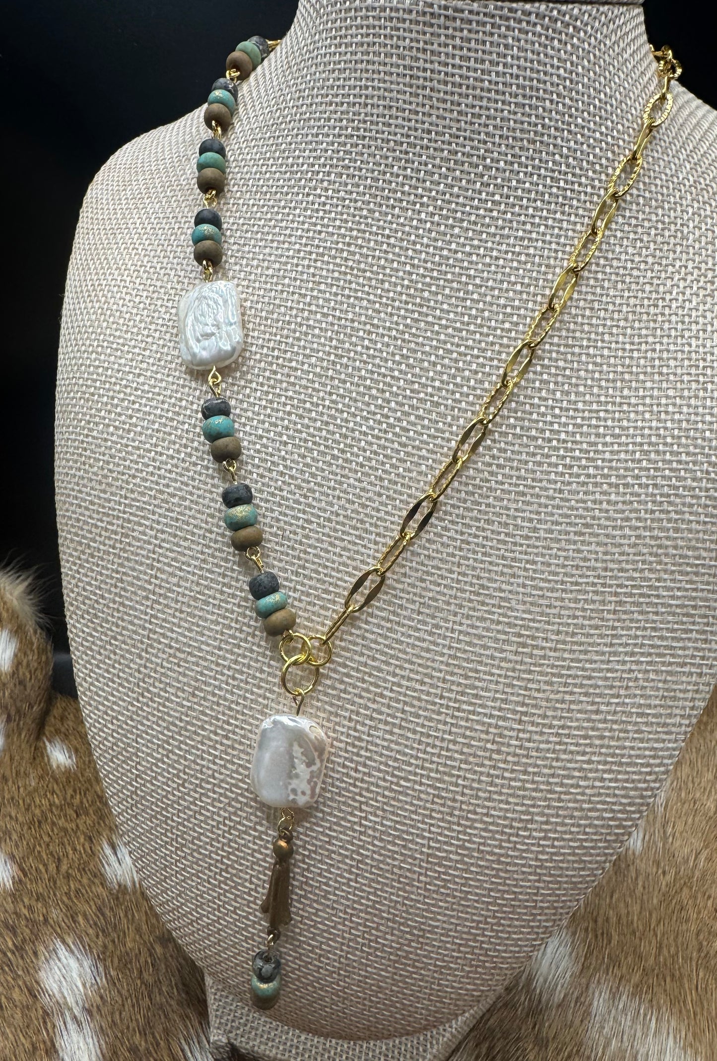 Metallic Jade & Pearl Lariat
