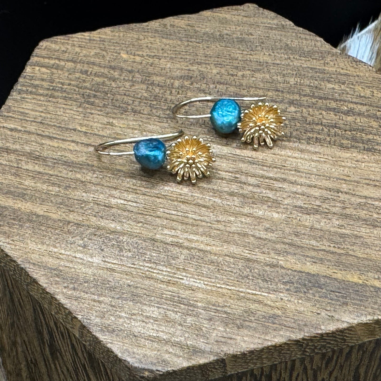 Gold dandelion teal pearl earrings