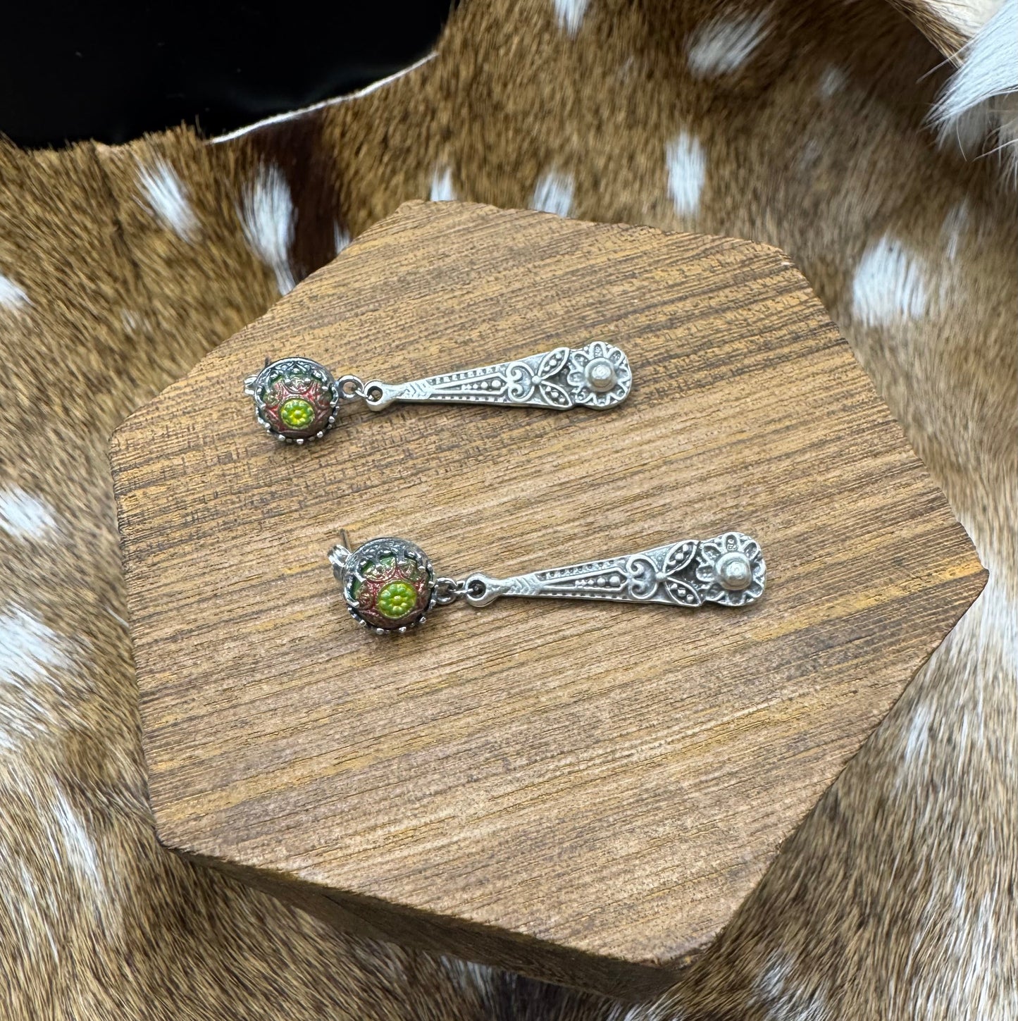Vintage mosaic sterling silver earrings with floral drops