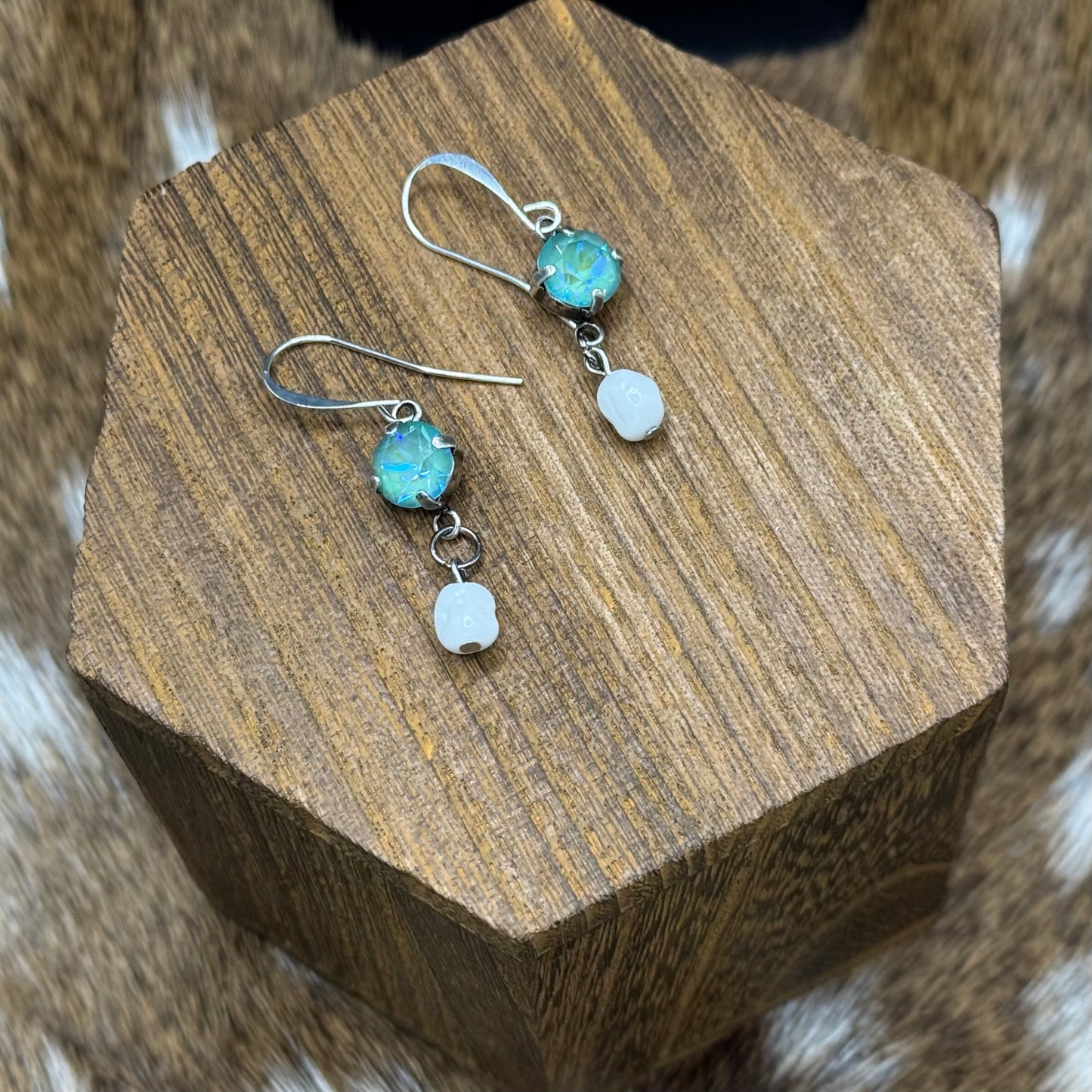 Green opal and milk glass drop silver earrings