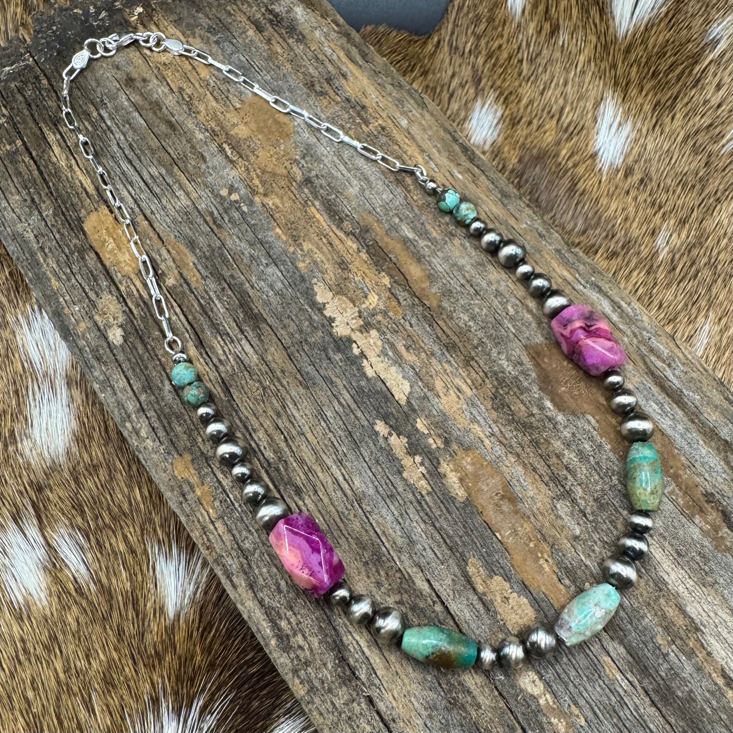 Navajo pearl, turquoise, and pink agate necklace