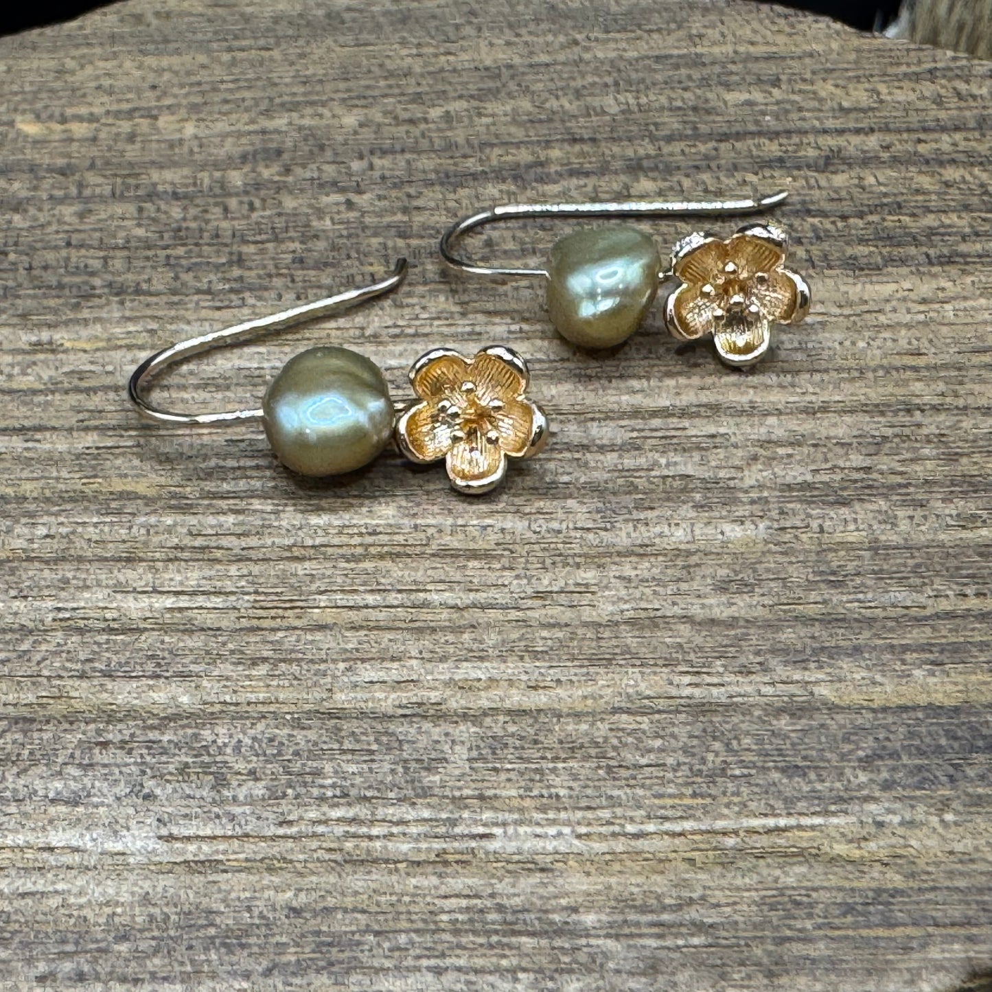 Gold blossom light green pearl earrings