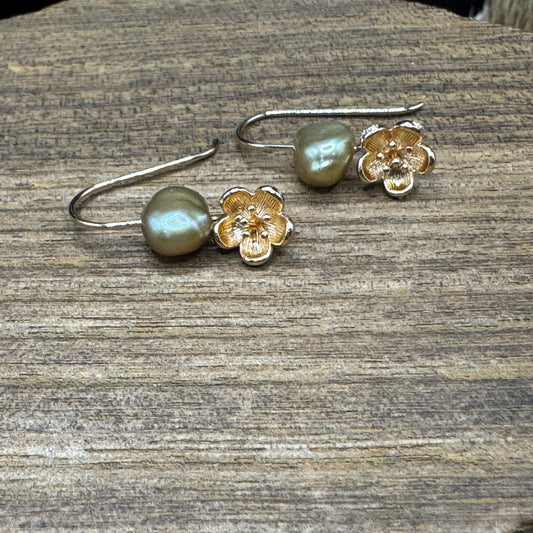 Gold blossom light green pearl earrings