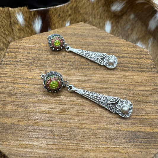 Vintage mosaic sterling silver earrings with floral drops