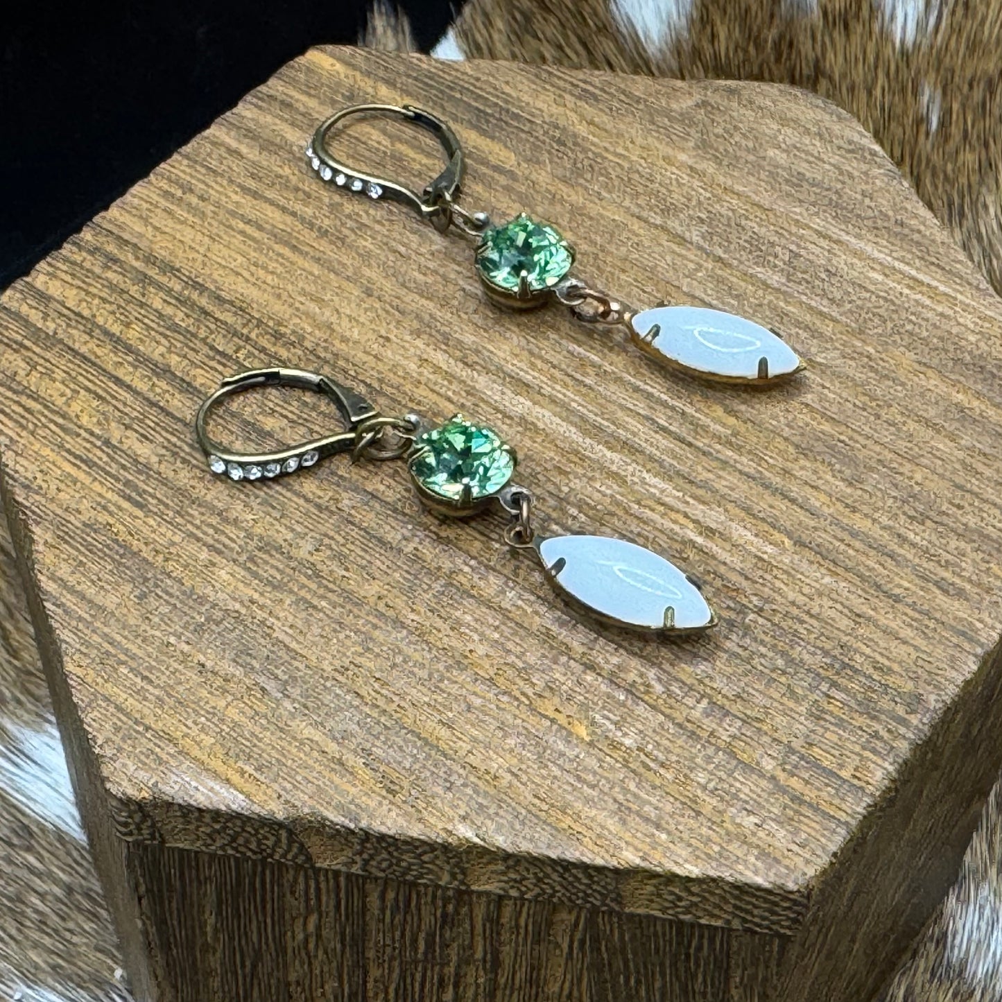 Milk glass and peridot earrings