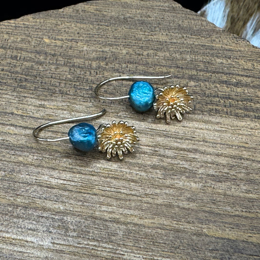 Gold dandelion teal pearl earrings