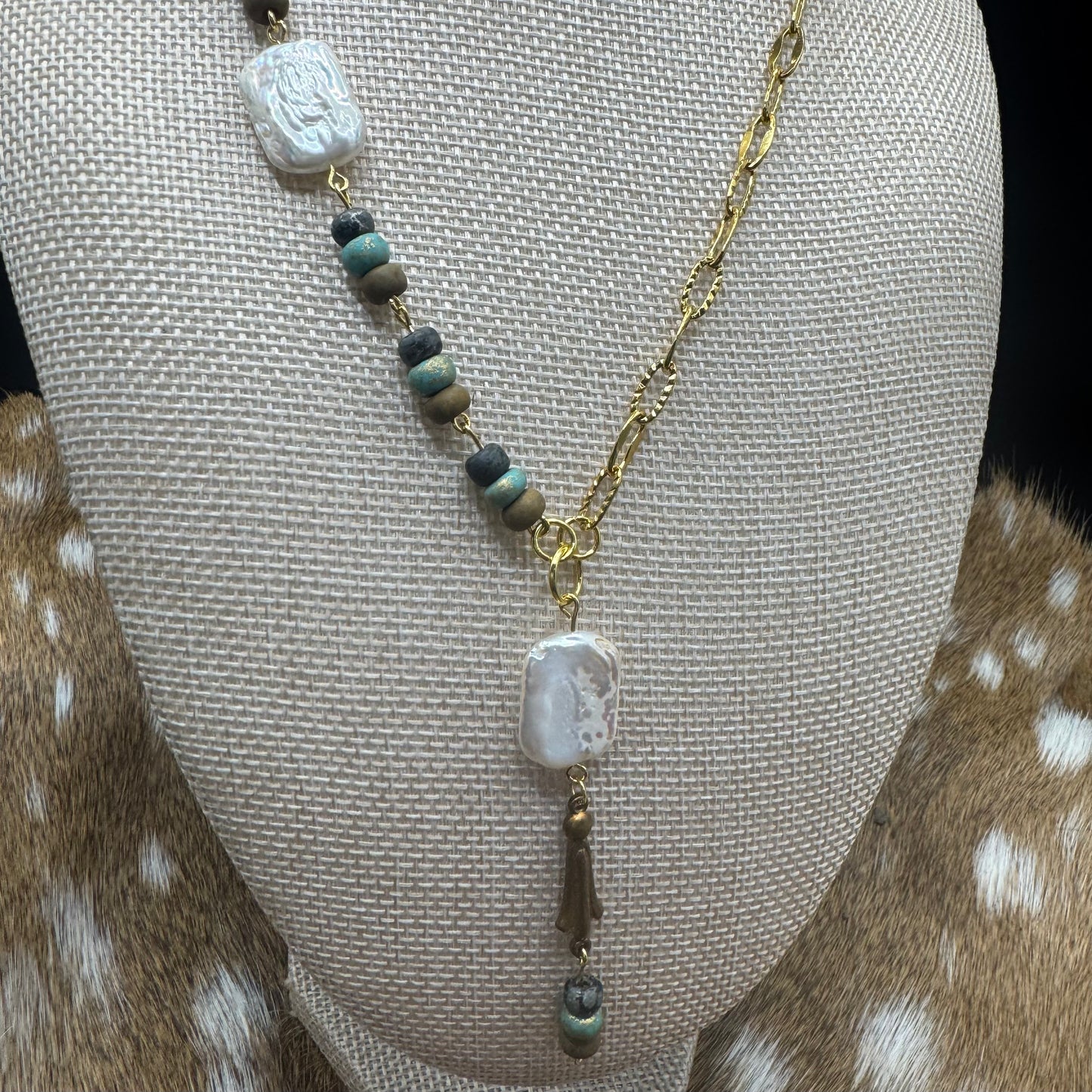 Metallic Jade & Pearl Lariat