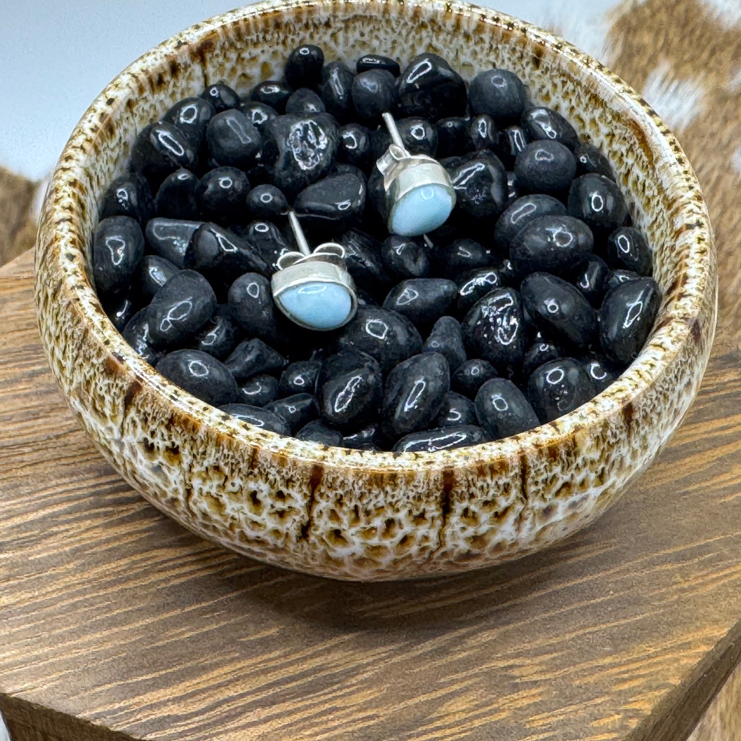 Larimar teardrop silver stud earrings