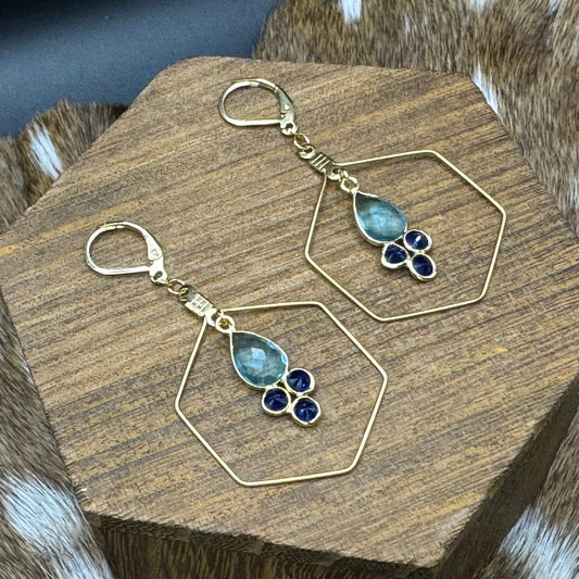 Gold hexagons with sky topaz earrings