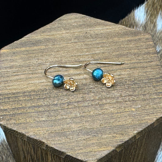 Gold blossom teal pearl earrings