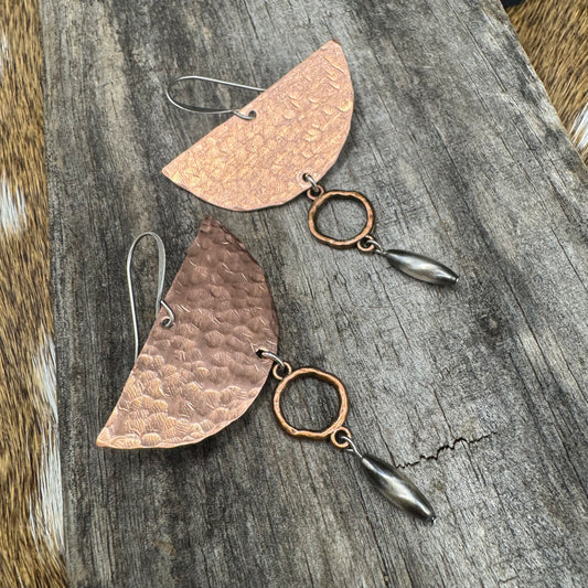 Copper moon pearl earrings