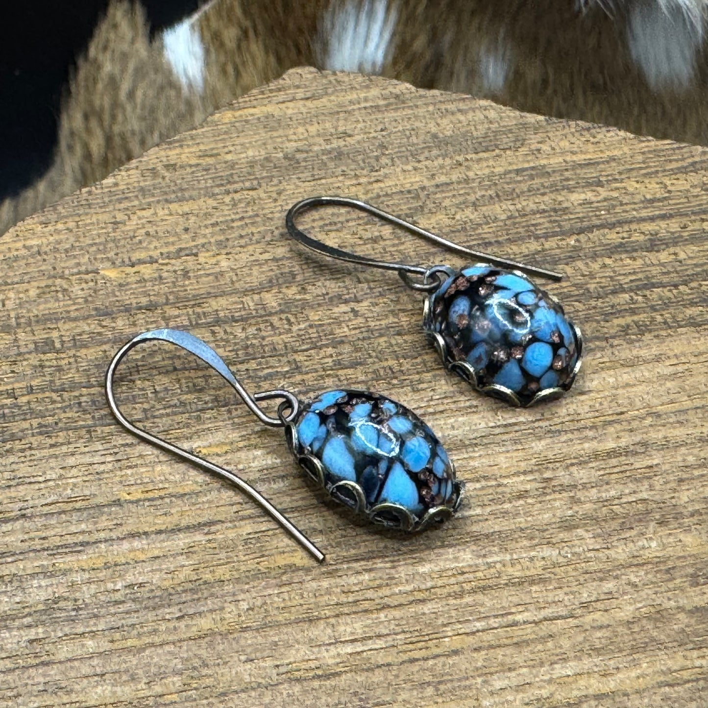 Turquoise & black matrix lampwork earrings