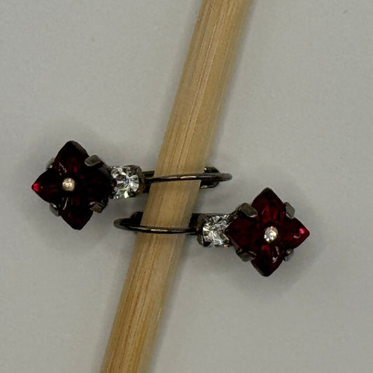 Ruby flower gems with rhinestones in gunmetal lever backs