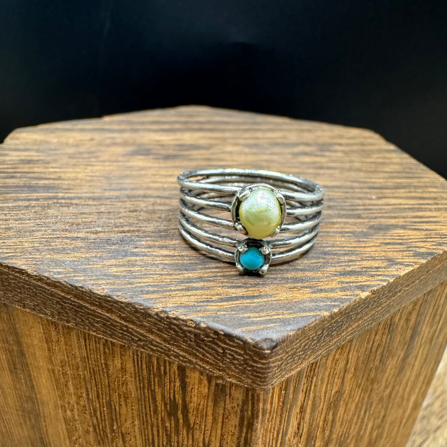 Pearl and turquoise 5 ring sterling silver ring