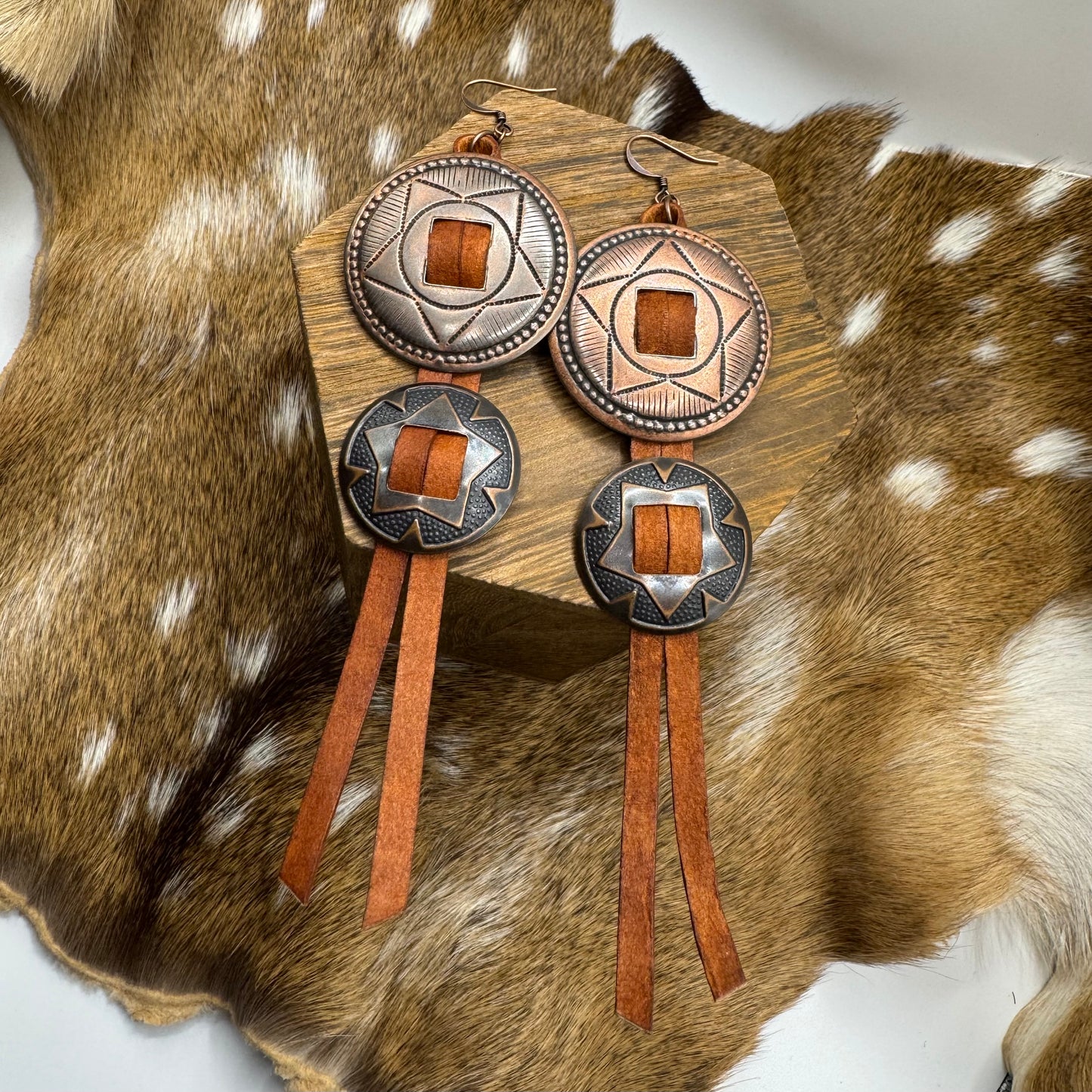 Concho earrings with brown leather