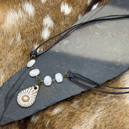 Ceramic boho pendant with agate leather necklace