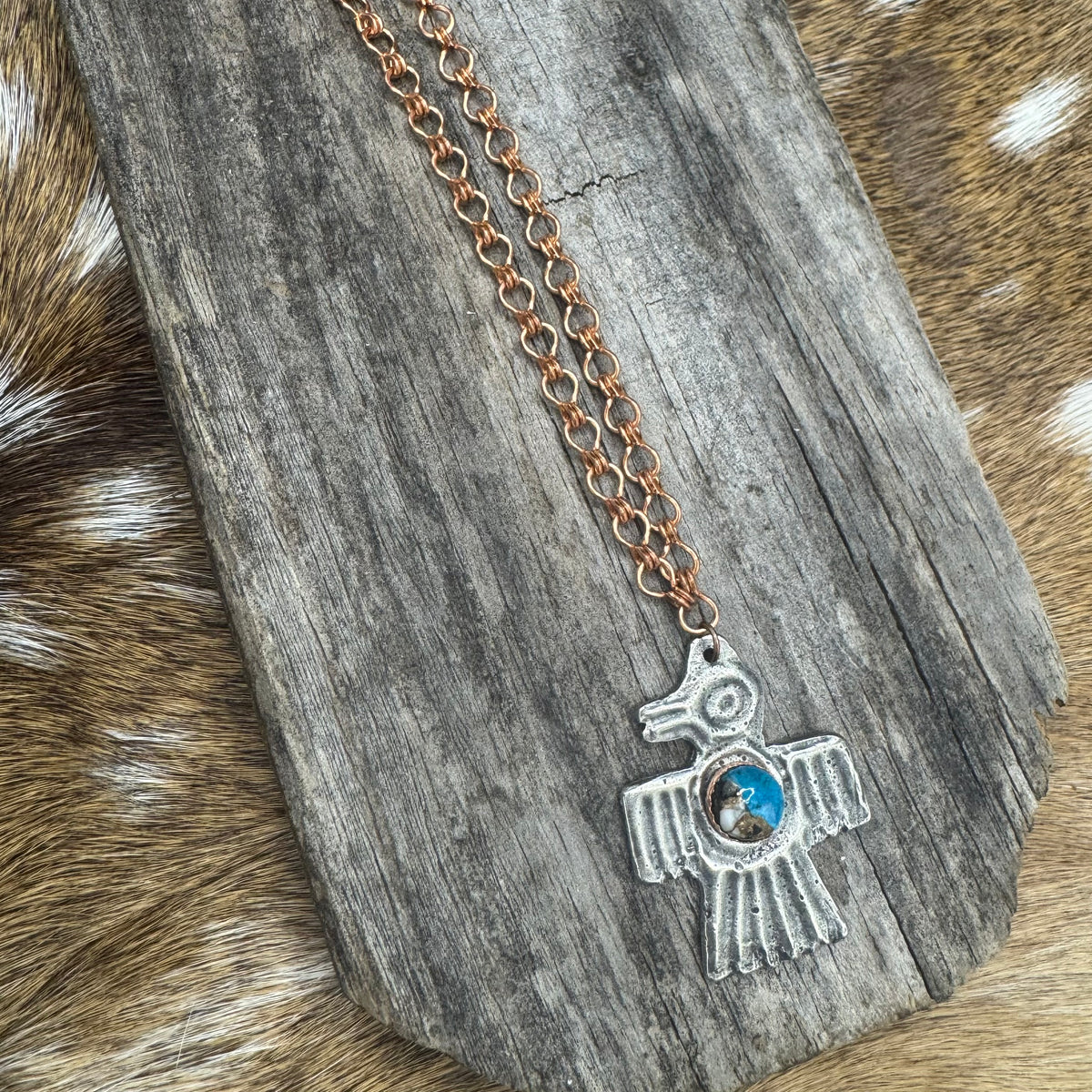 Turquoise Aztec bird copper necklace