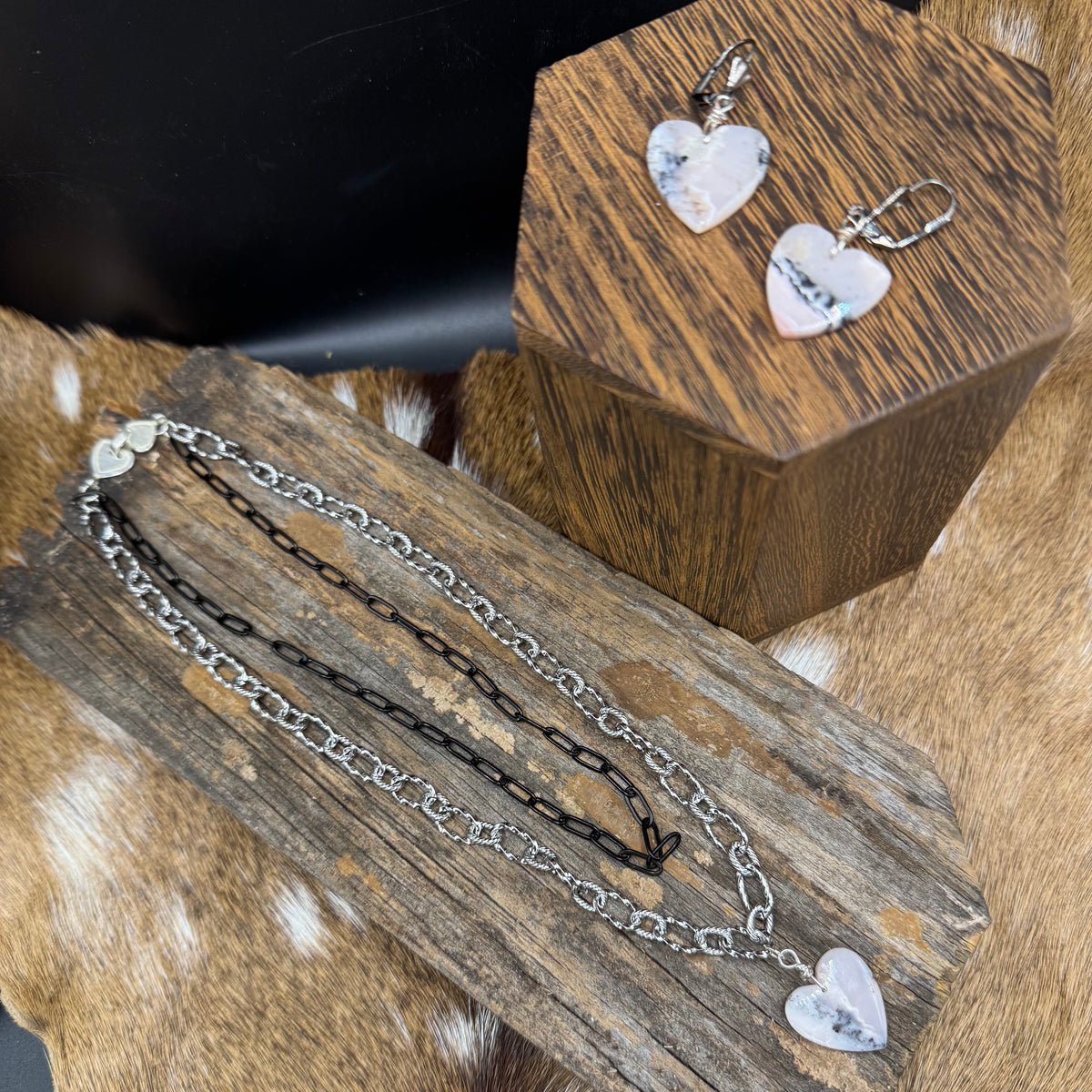 Pink opal heart necklace and earrings set