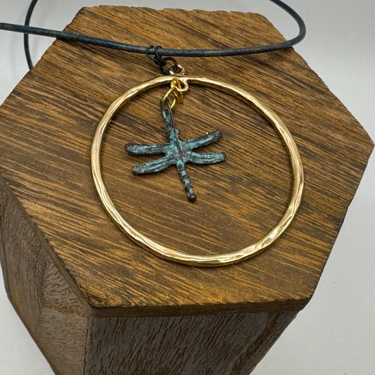Dragonfly copper and leather necklace
