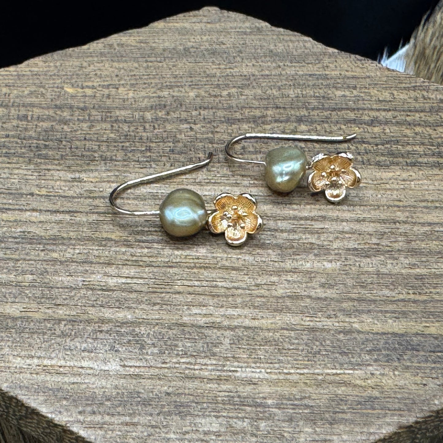 Gold blossom light green pearl earrings