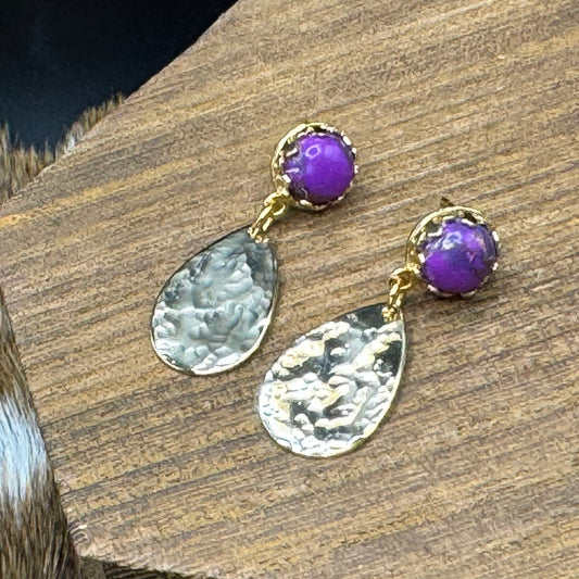 Purple turquoise and gold hammered drop earrings