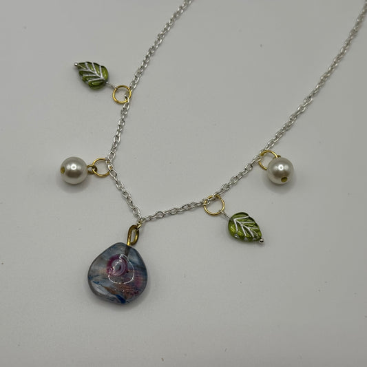 Czech glass flower with pearls and leaves necklace