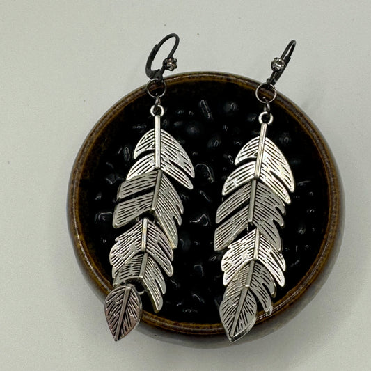 Silver feather earrings with rhinestone lever backs
