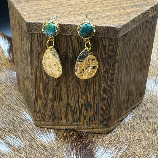 Turquoise and gold hammered earrings