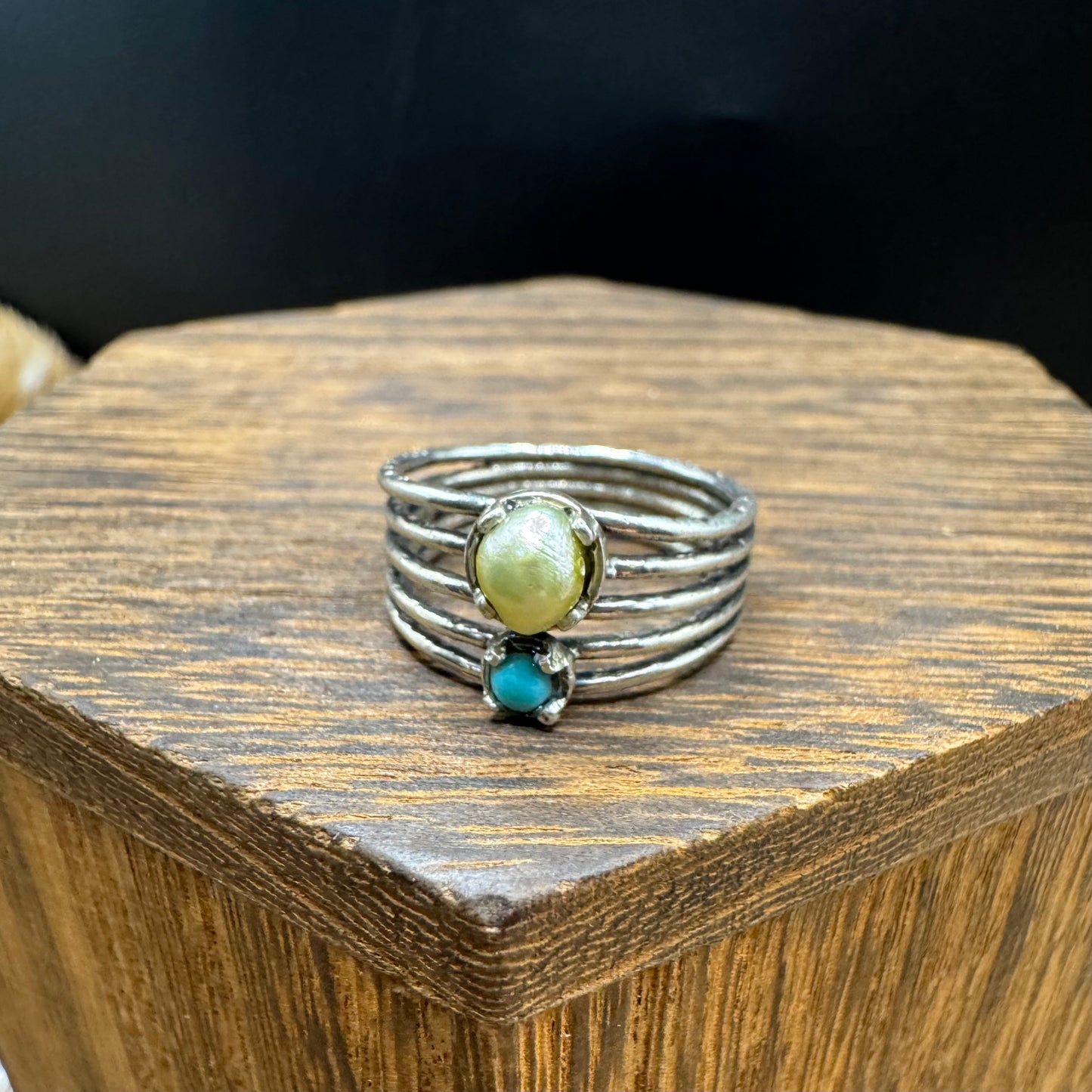 Pearl and turquoise 5 ring sterling silver ring