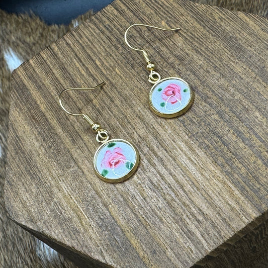 Vintage floral cloisonné gold earrings