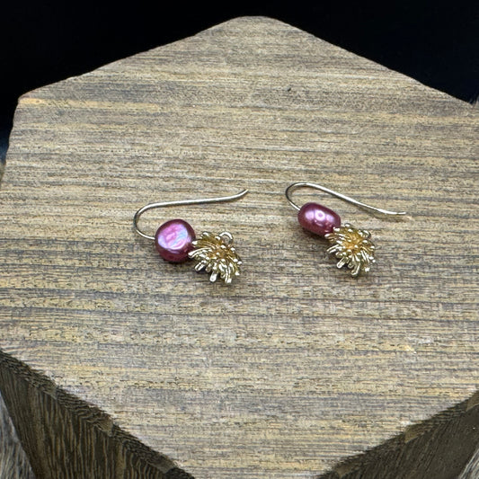 Gold dandelion pink pearl earrings