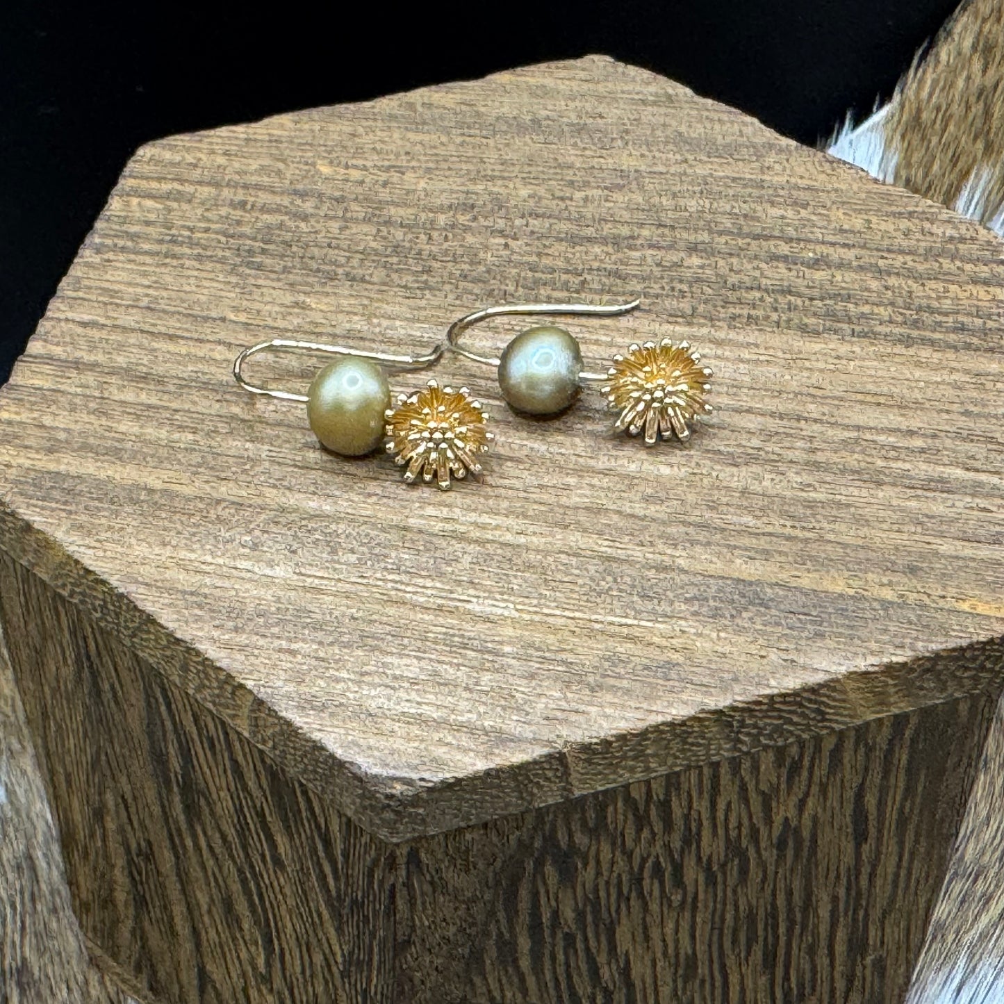 Gold dandelion light green pearl earrings